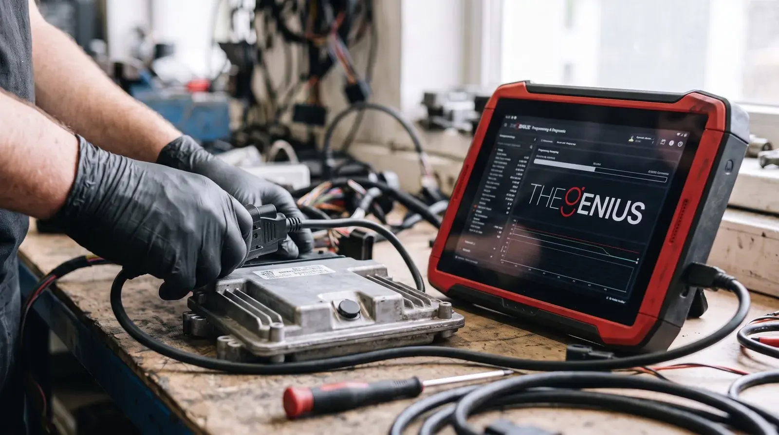 Técnico conectando una ECU a TheGenius
