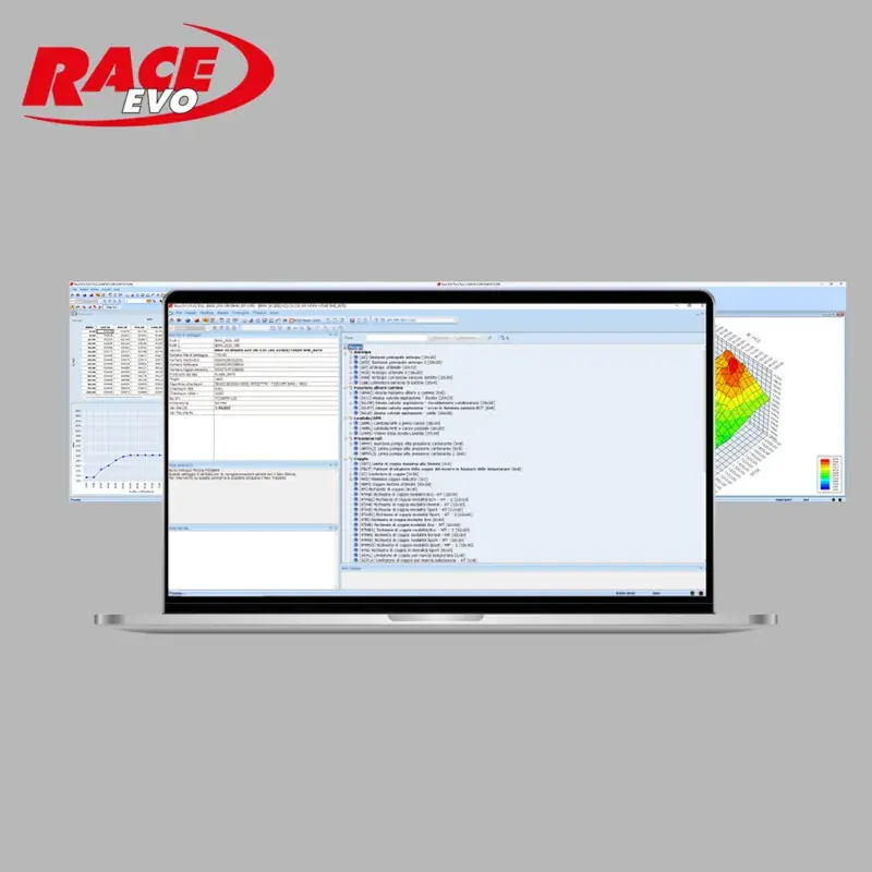 Race Evo abierto en una laptop con mapas en tabla y en 3D